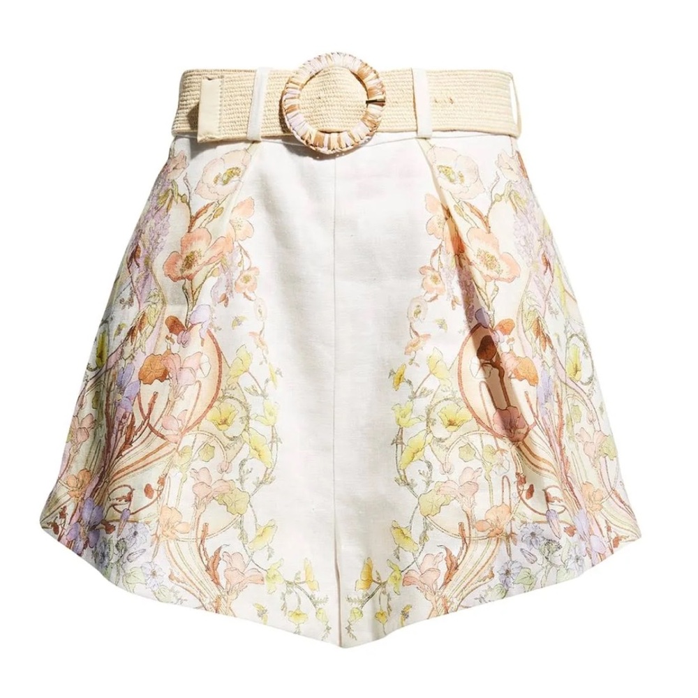 Zimmermann Floral Print Belted Linen Shorts in Floral Swirl